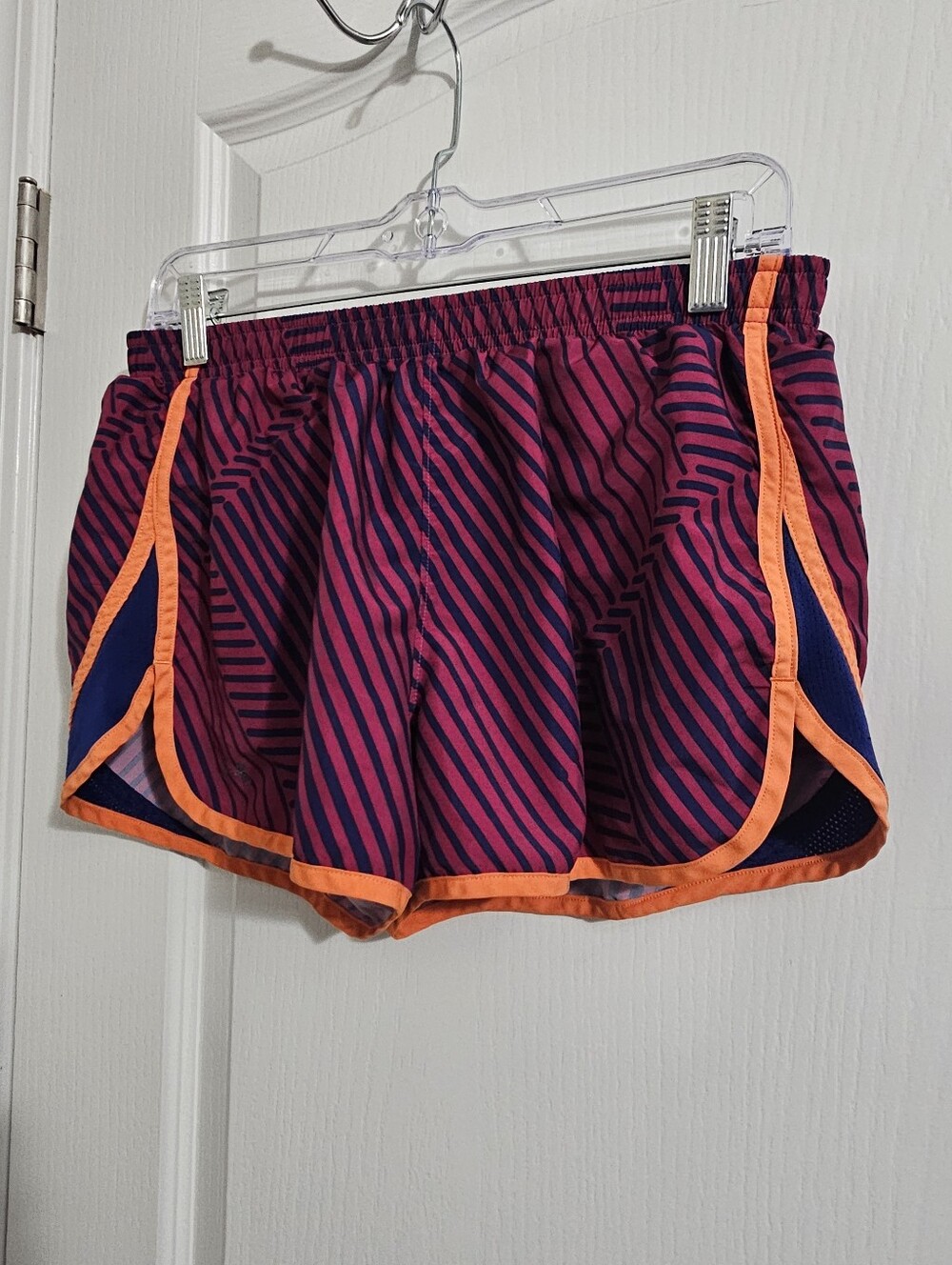 Under Armour Women's Striped Athletic Shorts in Magenta with Orange Trim Size M